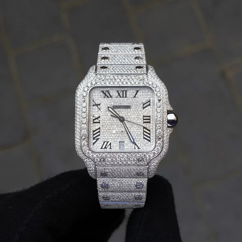 Diamond Cartier Santos 40mm - Stainless Steel - Roman Dial - Pavé Set